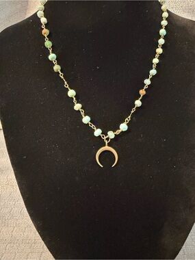 Vintage R&R Delicate Crescent Pendant Necklace with Turquoise Beads